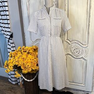 Selene Classic White with Navy Polka Dot Pleated Dress